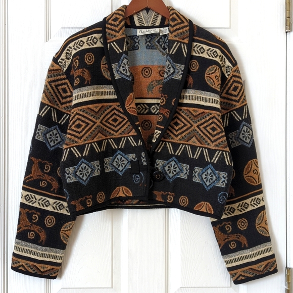 Flashback Jackets & Blazers - Flashback 90's Vintage Aztec Antelope Woven Tapestry Cropped Jacket Black M
